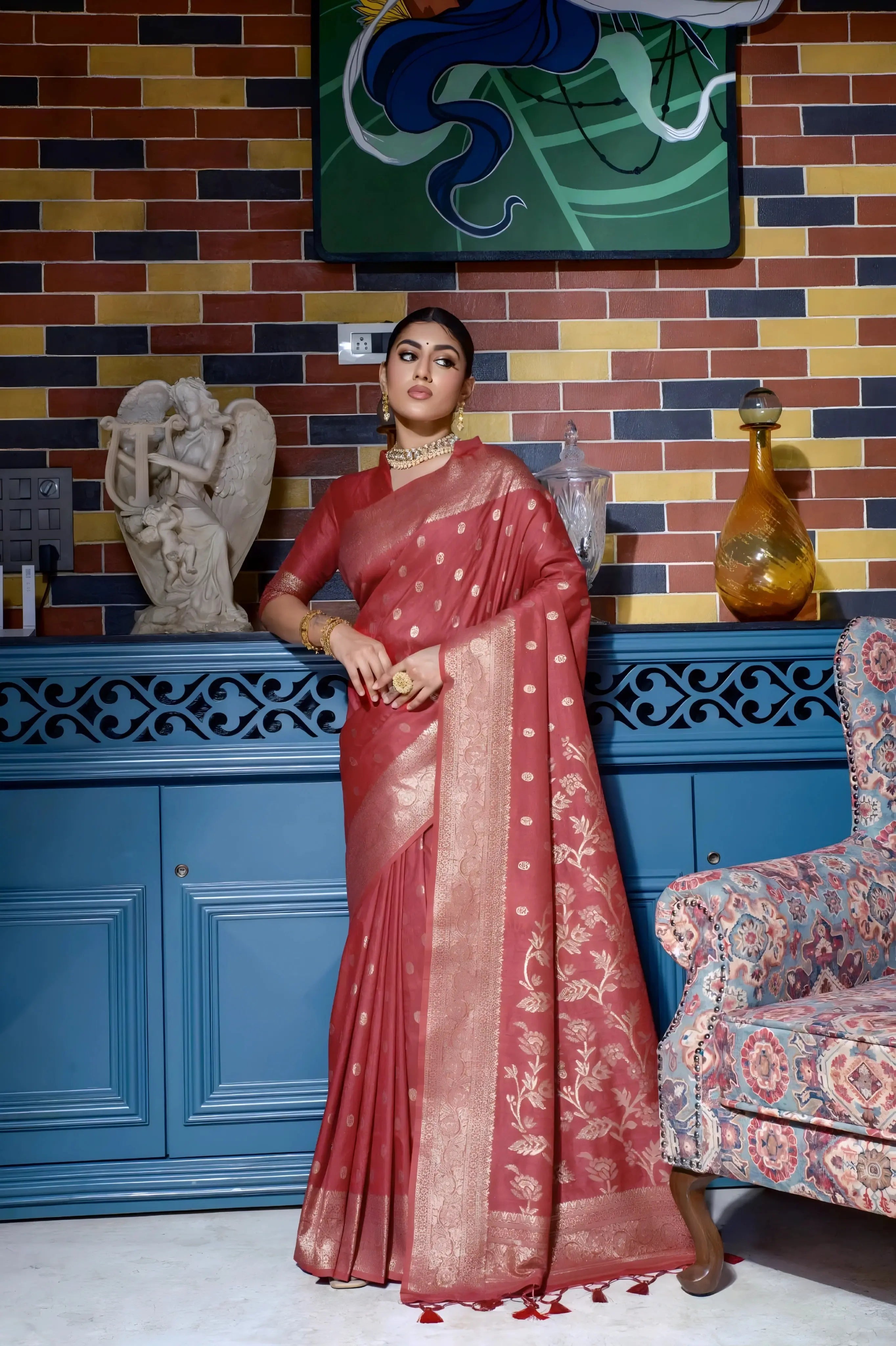 Brown Zari Weaving Banarasi Raw Silk Saree